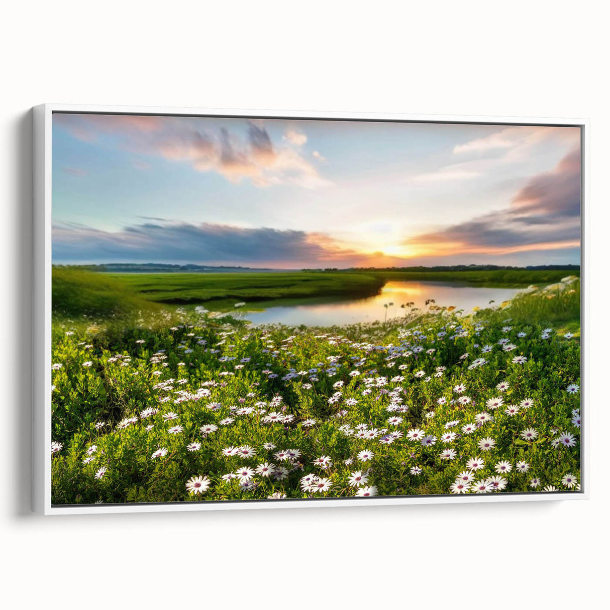 Framed canvas artwork showcasing a serene lake landscape with vibrant colors, displayed against a sleek white background, perfect for home decor enhancement.