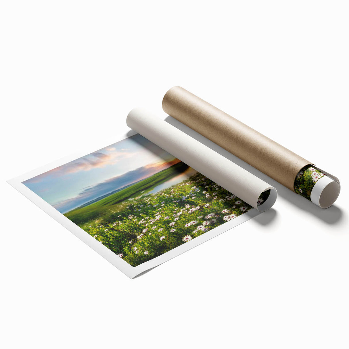 Rolled print showcasing a serene lake landscape with vibrant colors and detailed reflections, ideal for home decor, shipped securely in a protective tube.