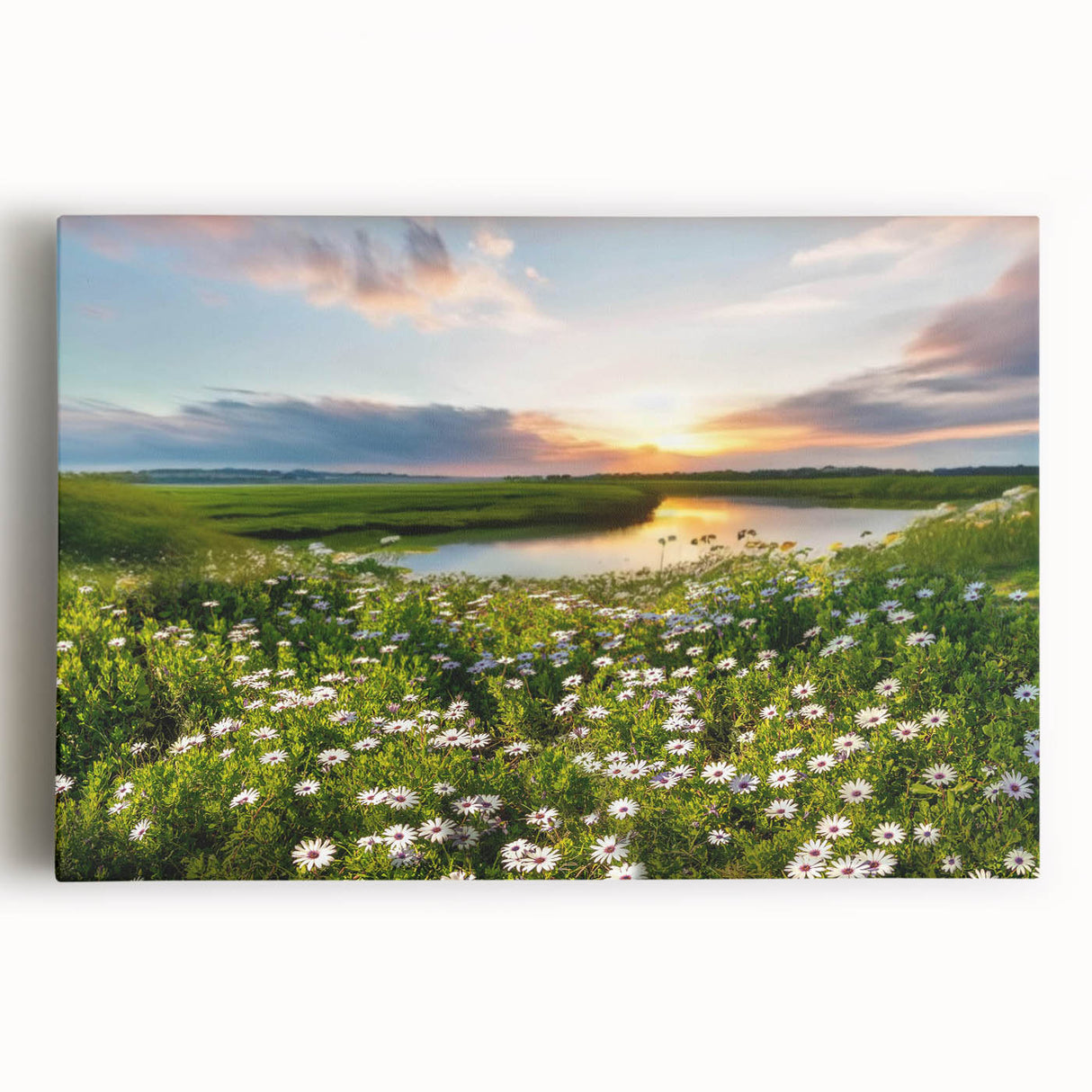 Stretched canvas wall art featuring a serene lake landscape with vibrant colors, perfect for home decor, showcasing tranquil nature scenes for a calming ambiance.