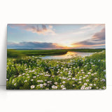 Stretched canvas wall art showcasing a serene lake landscape, featuring vibrant blues and greens, designed to enhance modern home decor aesthetics. This piece adds a calming touch to living spaces, perfect for nature lovers seeking tranquility.