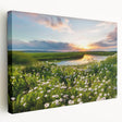 Stretched canvas wall art featuring a serene lakeside landscape with vibrant blues and greens, elegantly framed for home decor, showcasing nature's tranquility. Perfect for enhancing living spaces with calming scenery.
