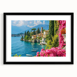 Framed wall art showcasing a serene landscape of a tranquil lake, surrounded by lush greenery, set in a stylish black frame with a white mat for a modern touch. Ideal for enhancing home decor.