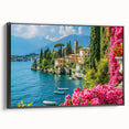 Framed canvas wall art depicting a serene lake landscape, featuring vibrant colors and intricate details, showcased from a black side view to highlight its elegant design.