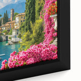 Close-up of a framed canvas artwork depicting a serene lake landscape, featuring vibrant blues and greens, ideal for enhancing home decor and creating a calming atmosphere.