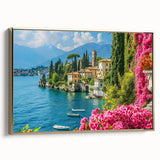 Framed canvas wall art depicting a serene lakeside landscape with vibrant colors and gold accents, showcasing the tranquil beauty of nature in a stylish setting.