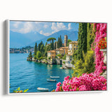 Framed canvas wall art showcasing a serene lake landscape with vibrant blue waters and lush green trees, designed to enhance home decor with a calming ambiance.