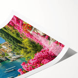 Vibrant landscape lake wall art print showcasing serene blue waters surrounded by lush greenery, featuring a rolled design for easy framing and display.