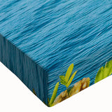 Close-up of a stretched canvas print showcasing a serene lake landscape design, featuring vibrant blues and greens, ideal for enhancing home decor with nature-inspired art.