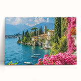 Stretched canvas wall art showcasing a serene lake landscape with vibrant colors, perfect for home decor, leaning against a textured backdrop. Ideal for nature lovers.