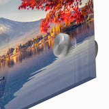 Close-up of a vibrant acrylic glass wall art piece depicting serene lake and landscape design, showcasing vivid colors and intricate details, perfect for home decor.