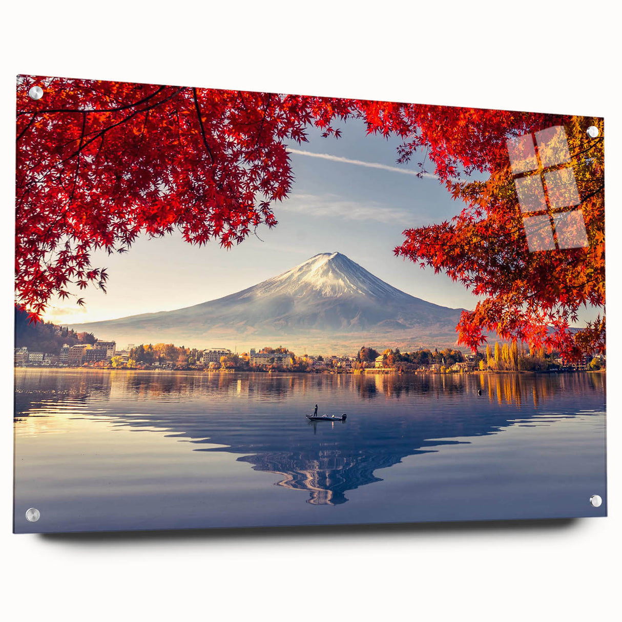 Acrylic wall art collection featuring a serene landscape with a tranquil lake view, mounted with decorative pins, showcasing vibrant colors and intricate details. Perfect for enhancing home decor and adding a touch of nature-inspired elegance.
