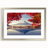 Framed wall art piece showcasing a serene lake landscape design, featuring a silver mat and frame, ideal for enhancing home decor with nature-inspired elegance.