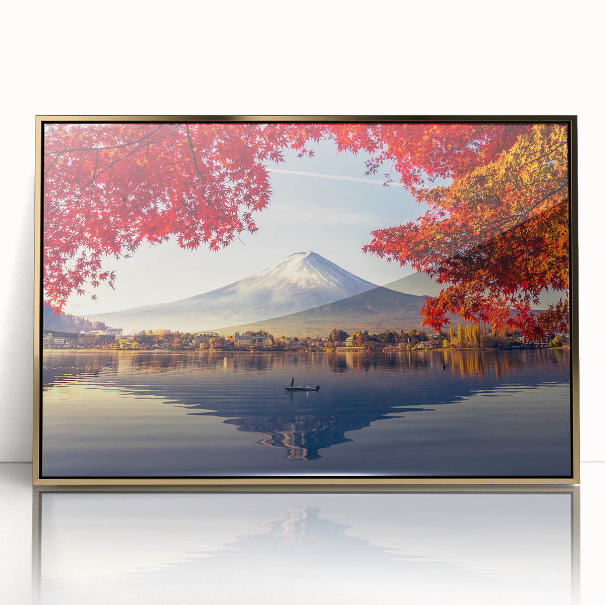 Framed acrylic wall art showcasing a serene lake landscape design with golden accents, perfect for enhancing home decor and creating a tranquil atmosphere.