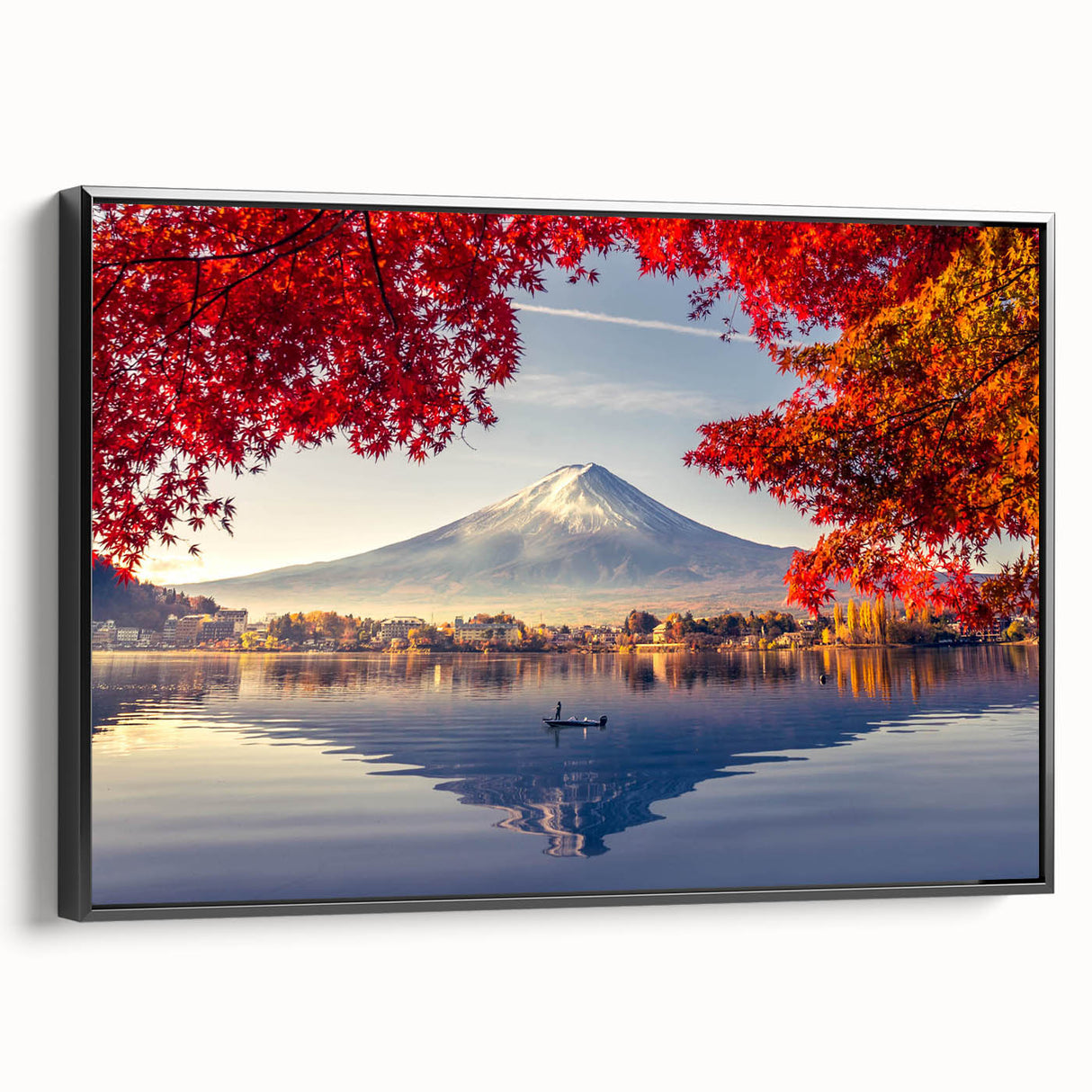 Framed canvas wall art showcasing a serene landscape with a tranquil lake, featuring rich colors and a black frame, ideal for home decor and aesthetic enhancement.