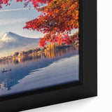 Framed canvas artwork showcasing a serene lake landscape with vibrant colors, perfect for home decor, emphasizing tranquility and nature's beauty.