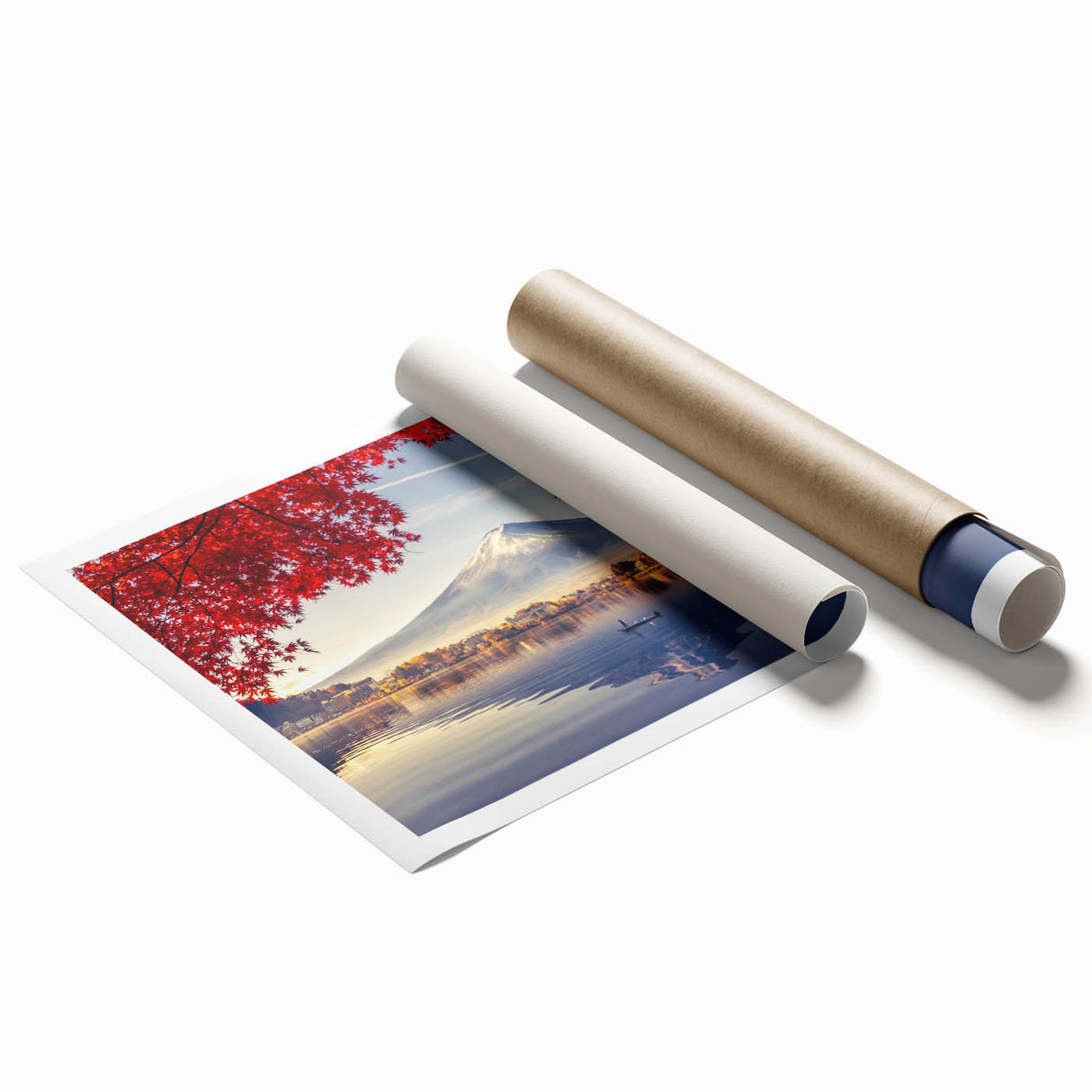 Vibrant rolled print of a serene lakeside landscape featuring lush greenery and calm waters, ideal for home decor or office spaces, packaged securely for delivery.