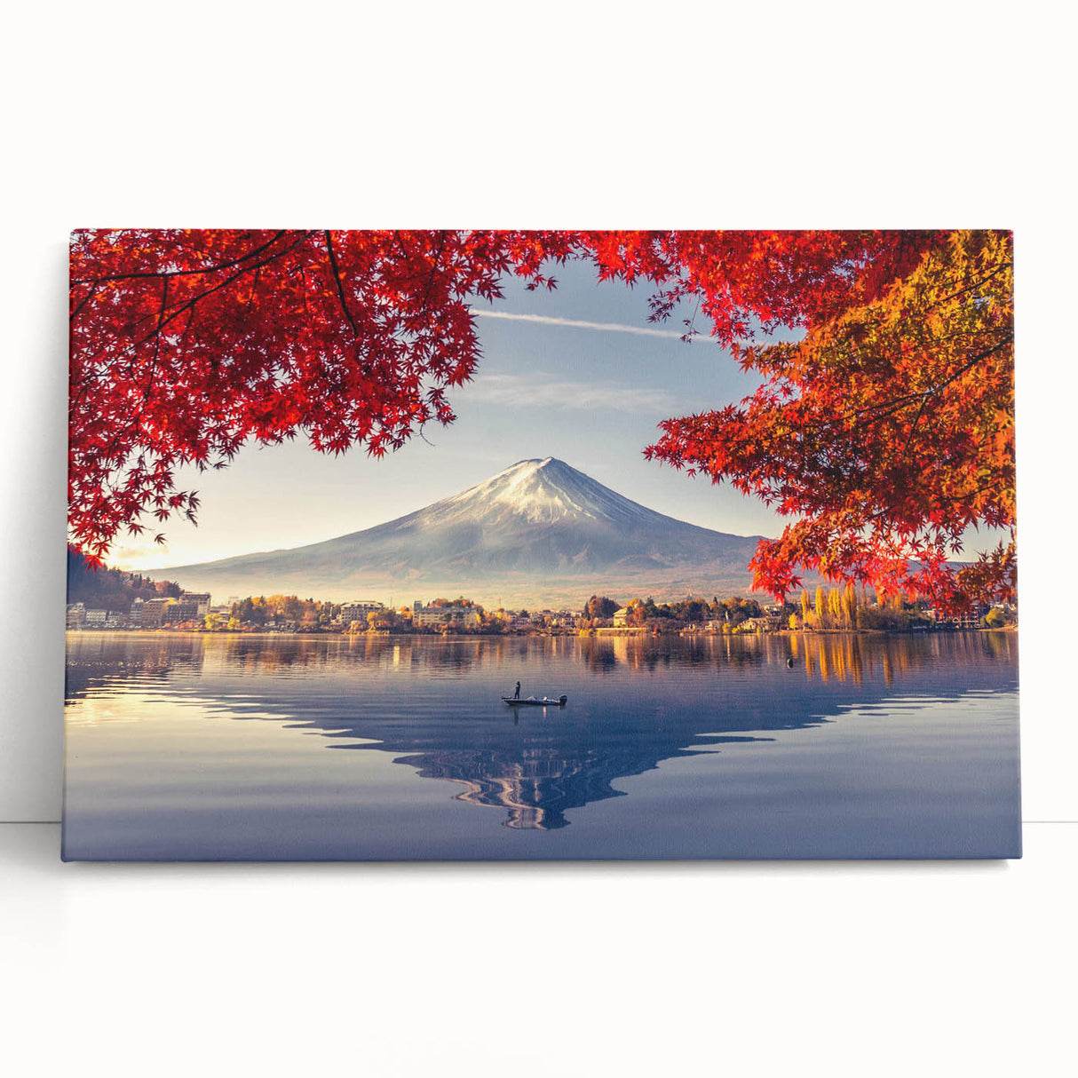 Stretched canvas artwork showcasing a serene lake landscape with lush greenery and colorful sky, designed for stylish home decor. Ideal for nature lovers.