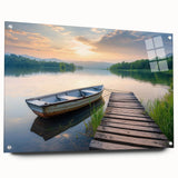 Acrylic glass artwork showcasing a serene lakeside landscape in vibrant colors, elegantly displayed from a side view with decorative pins for mounting, perfect for home decor.