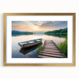 Elegant wall art featuring a serene lake landscape design, framed in gold with a white mat, perfect for enhancing home decor and creating a calming atmosphere.