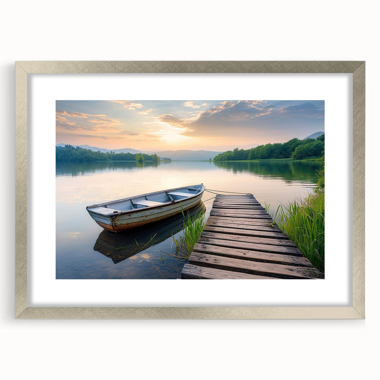 Framed wall art featuring a serene landscape with a tranquil lake scene, presented in a stylish silver frame with a mat, ideal for home decor and interior design.