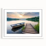 Framed white mat wall art showcasing a serene lake landscape design, perfect for home decor. The artwork features tranquil colors that evoke calmness and nature-inspired aesthetics.