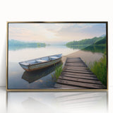 Framed acrylic wall art showcasing a serene lake landscape design with golden accents. Ideal for modern home decor, adding a touch of elegance to any room.