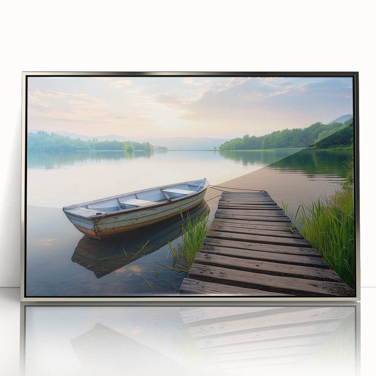 Framed wall art piece showcasing a serene landscape of a tranquil lake surrounded by lush greenery, highlighted by a sleek silver frame and acrylic front. Perfect for enhancing home decor, this artwork adds a calming touch to any space.