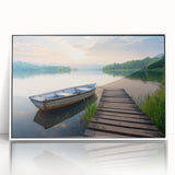 Framed acrylic wall art featuring a serene lakeside landscape in a white frame, perfect for enhancing home decor with natural beauty and tranquility.