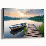 Framed wall art featuring a serene landscape of a tranquil lake with reflections, designed with a silver frame, perfect for home decor. Ideal for nature lovers and interior design enthusiasts seeking to enhance their space with calming artwork.