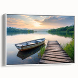 Framed canvas wall art showcasing a serene lake landscape design with vibrant colors, elegantly displayed in a white frame, perfect for home decor.