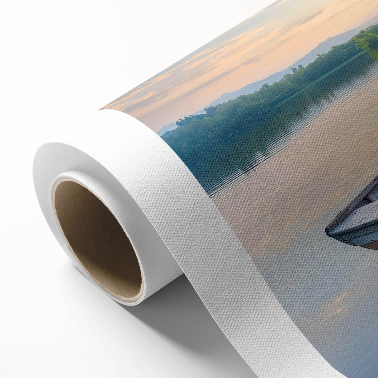 Rolled canvas wall art showcasing a serene landscape with a tranquil lake surrounded by lush greenery, perfect for enhancing home decor and creating a calming atmosphere.