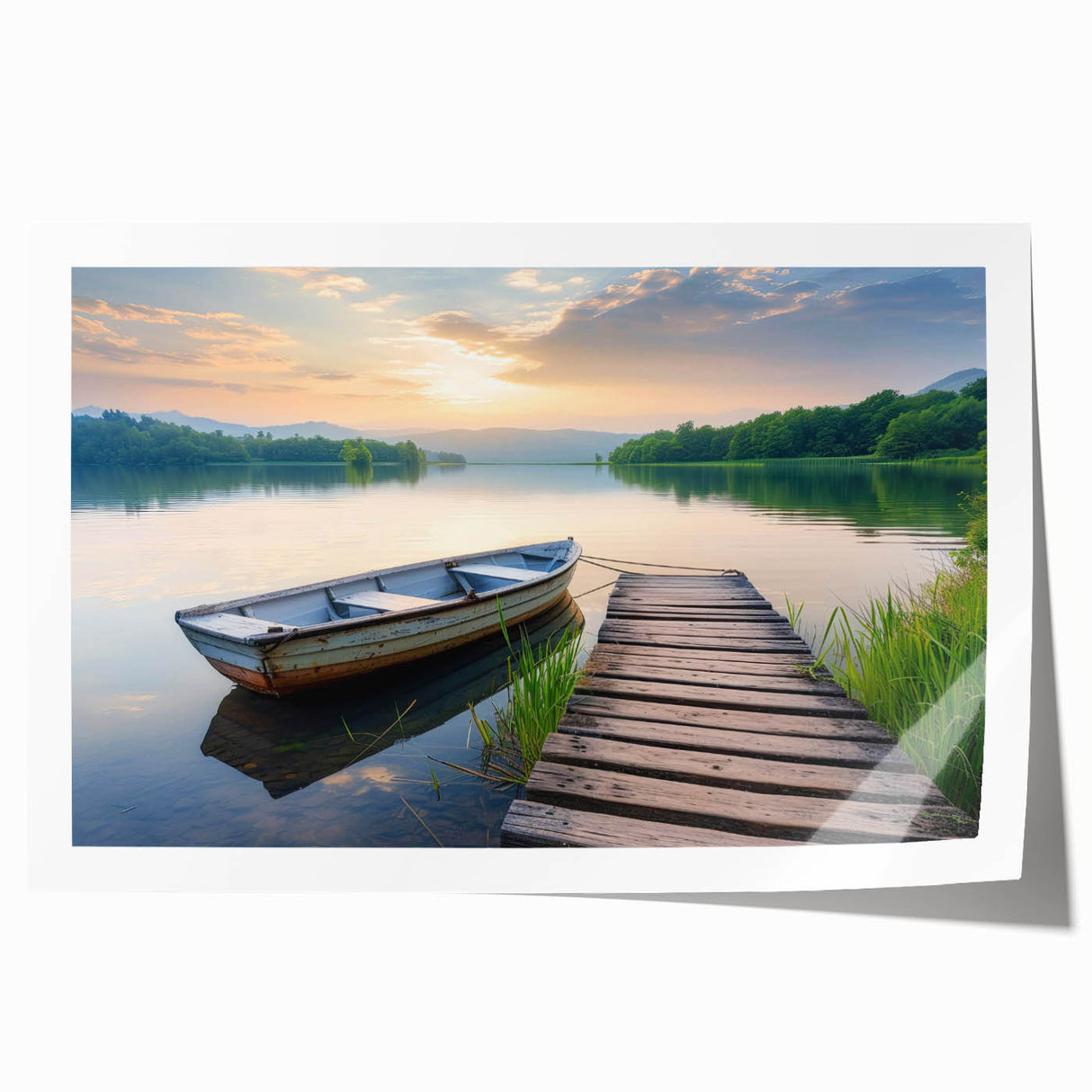 Scenic wall art print showcasing a tranquil lake landscape with lush greenery and soft blue skies, rolled for easy transport and display in any setting.