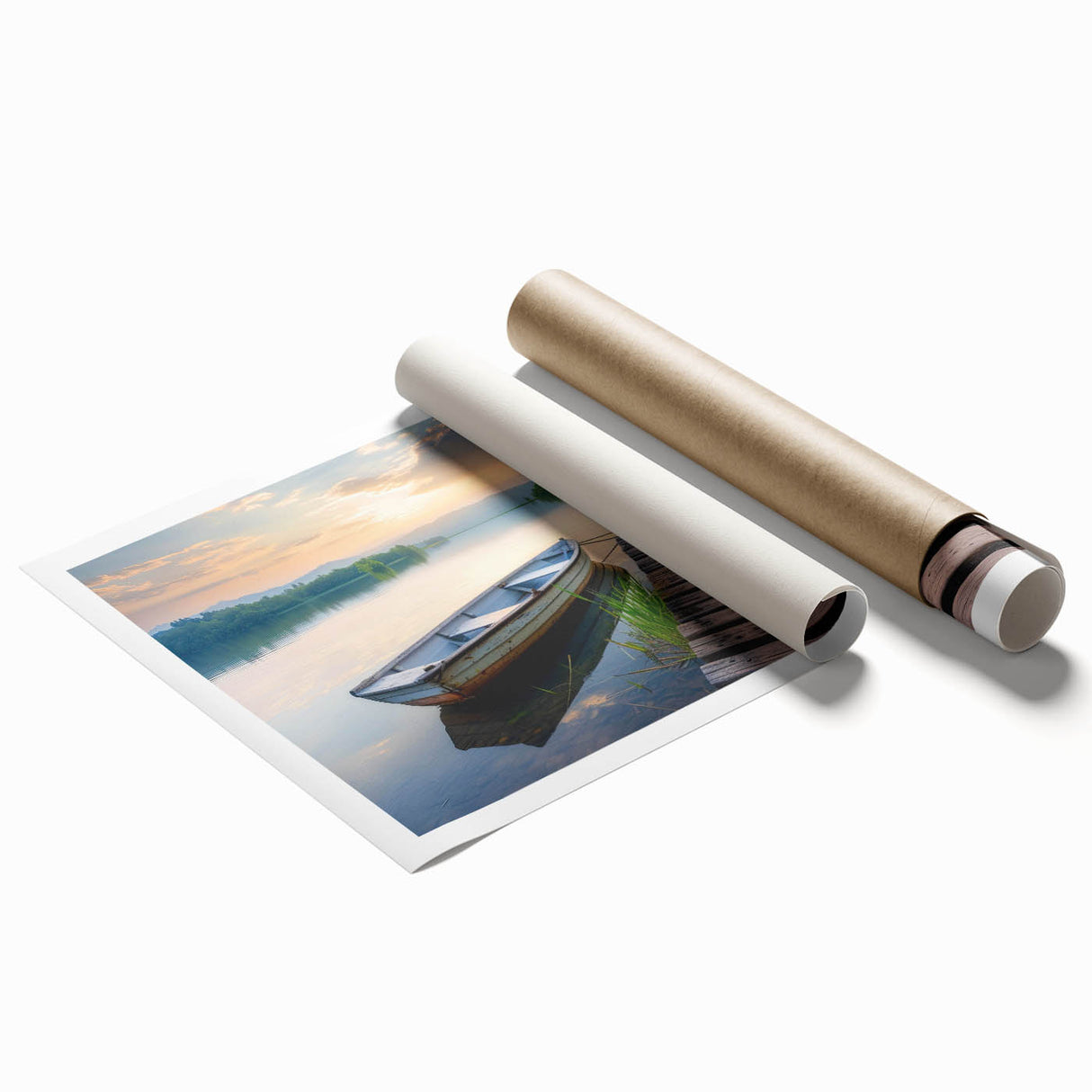 Scenic landscape wall art print showcasing a serene lake surrounded by lush greenery, ideal for home decor. The rolled canvas adds an elegant touch to any space.