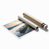 Scenic landscape wall art print showcasing a serene lake surrounded by lush greenery, ideal for home decor. The rolled canvas adds an elegant touch to any space.