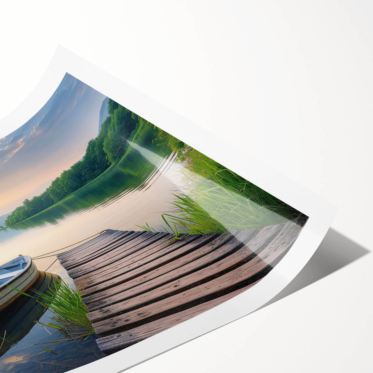 Scenic landscape wall art print featuring a serene lake surrounded by lush green trees and mountains, rolled up for easy framing and display. Ideal for nature lovers.