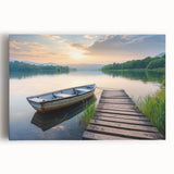 Stretched canvas wall art featuring a serene landscape scene with vibrant blue lake, lush green trees, and a clear sky, perfect for home decor and relaxation.