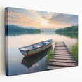 Stretched canvas wall art showcasing a serene lake landscape, featuring vibrant blues and greens, designed for home decor. Perfect for adding a tranquil touch to any room.