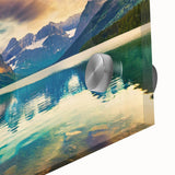 Close-up of an acrylic glass artwork showcasing a serene lake landscape design with vibrant colors and intricate details, perfect for home decor enhancement.