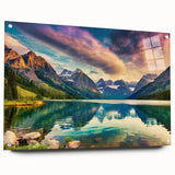 Acrylic glass wall art featuring a stunning lakeside landscape design, showcasing vibrant blue water and lush greenery, elegantly displayed with decorative pins.