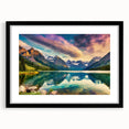 Framed wall art showcasing a serene lake landscape with vibrant colors, set in a sleek black frame with a mat. Ideal for modern home decor and relaxation themes.