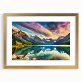 Framed wall art featuring a serene lake landscape design in a gold frame, complete with a white mat, perfect for adding elegance to home decor.