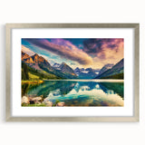 Framed landscape wall art showcasing a serene lake scene, featuring a silver mat for elegance and a modern design suitable for home decor, perfect for nature lovers.