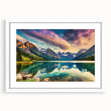 Framed wall art featuring a serene landscape of a tranquil lake surrounded by lush greenery, displayed in a white mat and sleek frame, perfect for home decor.