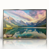 Framed acrylic wall art featuring a serene lake landscape design with silver accents, ideal for modern home decor, highlighting tranquil nature aesthetics.