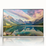 Framed acrylic wall art featuring a serene lakeside landscape with vibrant colors and intricate details, ideal for enhancing home decor and creating a calming atmosphere.