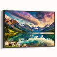 Framed canvas wall art showcasing a serene lake landscape design, featuring rich blues and greens, presented in a sleek black frame with a side view perspective. Ideal for home decor or nature-themed interiors.