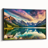 Framed canvas wall art showcasing a serene lake landscape design, featuring rich blues and greens, presented in a sleek black frame with a side view perspective. Ideal for home decor or nature-themed interiors.
