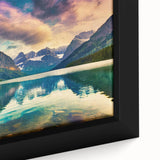 Close-up of a framed canvas wall art piece showcasing a serene lake landscape design, featuring vibrant blues and greens that evoke tranquility and nature's beauty. Ideal for home decor enthusiasts seeking to enhance their living space with artistic flair.