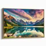Framed canvas wall art featuring a serene lake landscape design, accented with gold edges, showcasing tranquil reflections and vibrant colors in a stylish setting.