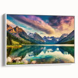 Framed canvas wall art showcasing a serene landscape of a tranquil lake, surrounded by lush greenery and mountains, ideal for home decor enhancement.